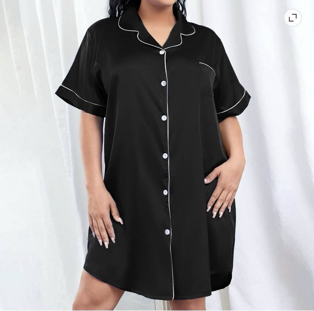 Women's Sz 3XL Black Satin Pajama Dress Short Sleeve Button Down Sleep Shirt New